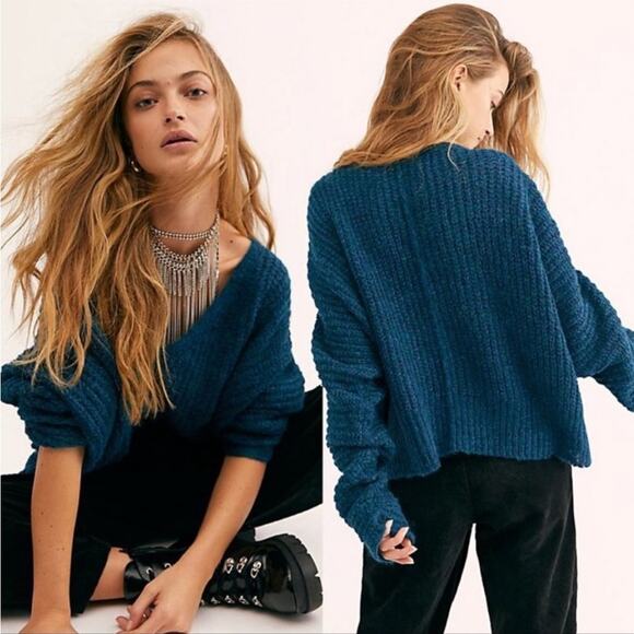 FREE PEOPLE Womens Alpaca Wool V-Neck Oversized Knit Crop Sweater Top Size XS